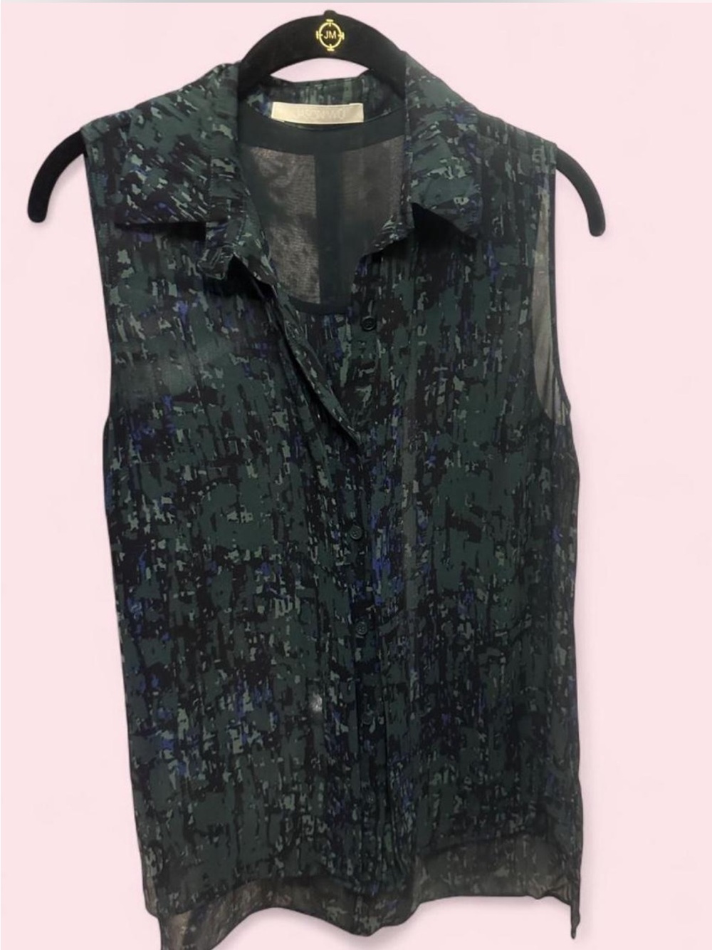 Jason Wu - Sheer Silk Sleeveless Button-Front Blouse in Dark Green+Black